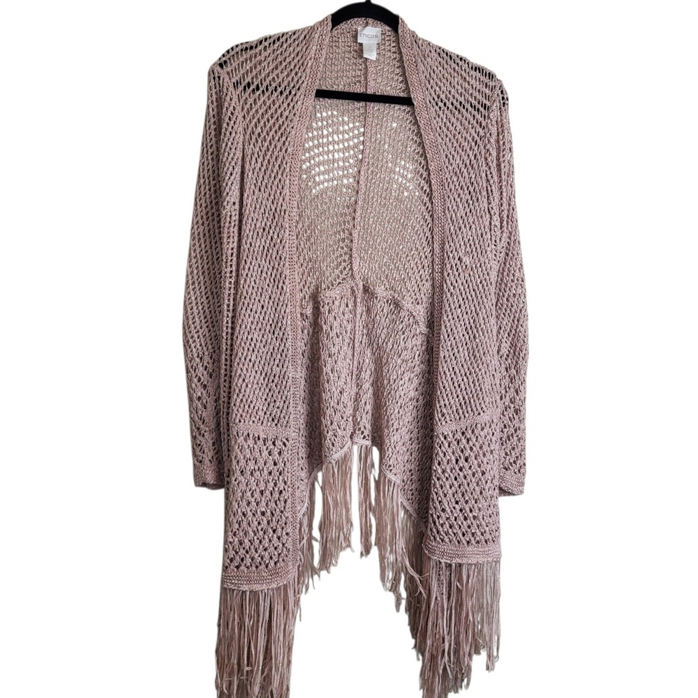 Chico's Tassel Fringe Cardigan Women's Large 2 Blush Pink Open Knit Boho Hippie